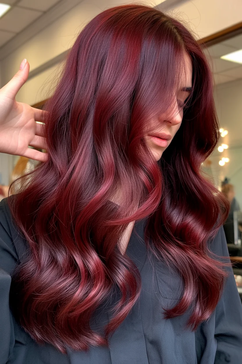 copper summer red hair color 2026 Deep Cherry Copper with Glossy Defined Waves