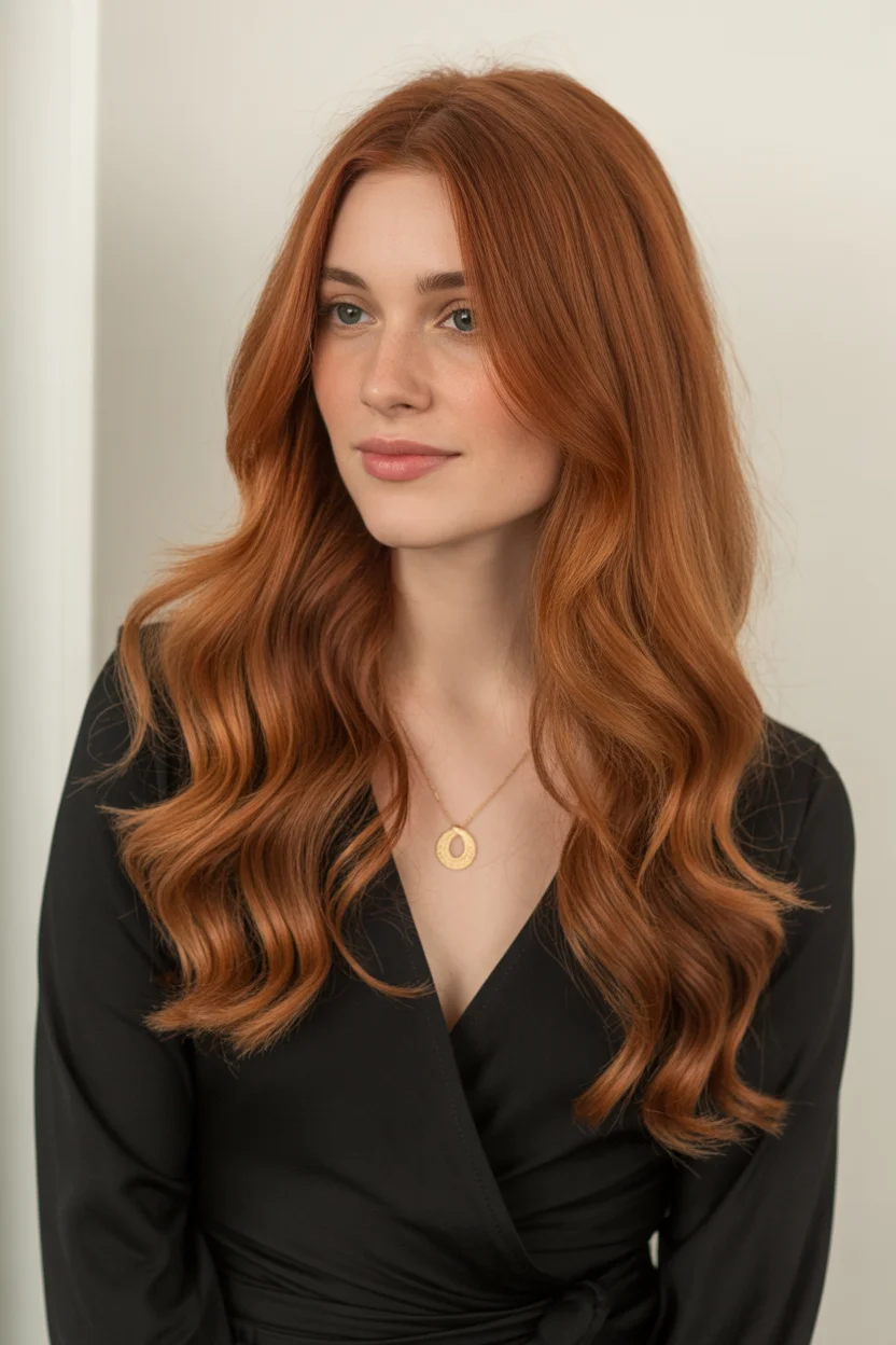 copper summer red hair color 2026 Classic Copper Elegance with Soft Face-Framing Waves