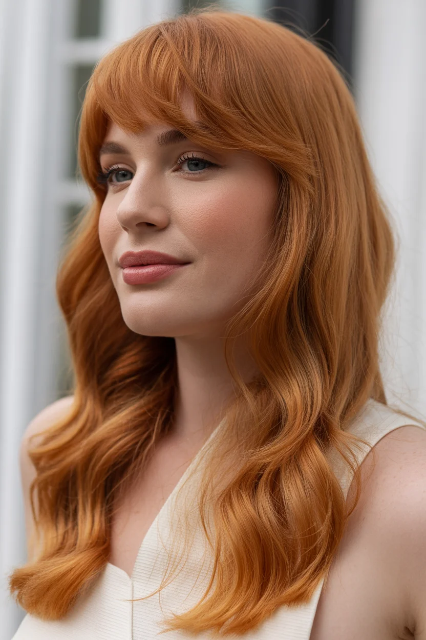 copper summer red hair color 2026 Soft Copper with Wispy Fringe and Romantic Movement