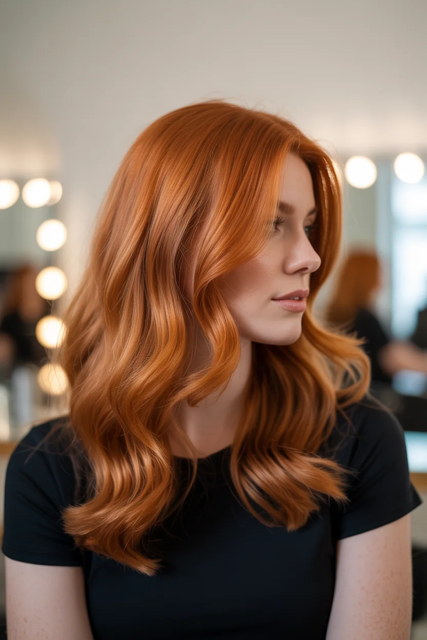 copper summer red hair color 2026 Classic Mid-Length Copper Waves with Polished Finish