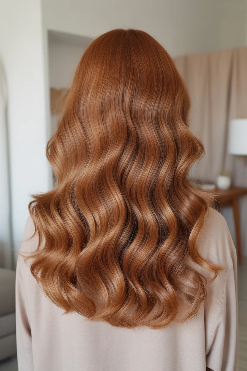 copper summer red hair color 2026 Soft Honey-Copper Waves with Seamless Blend