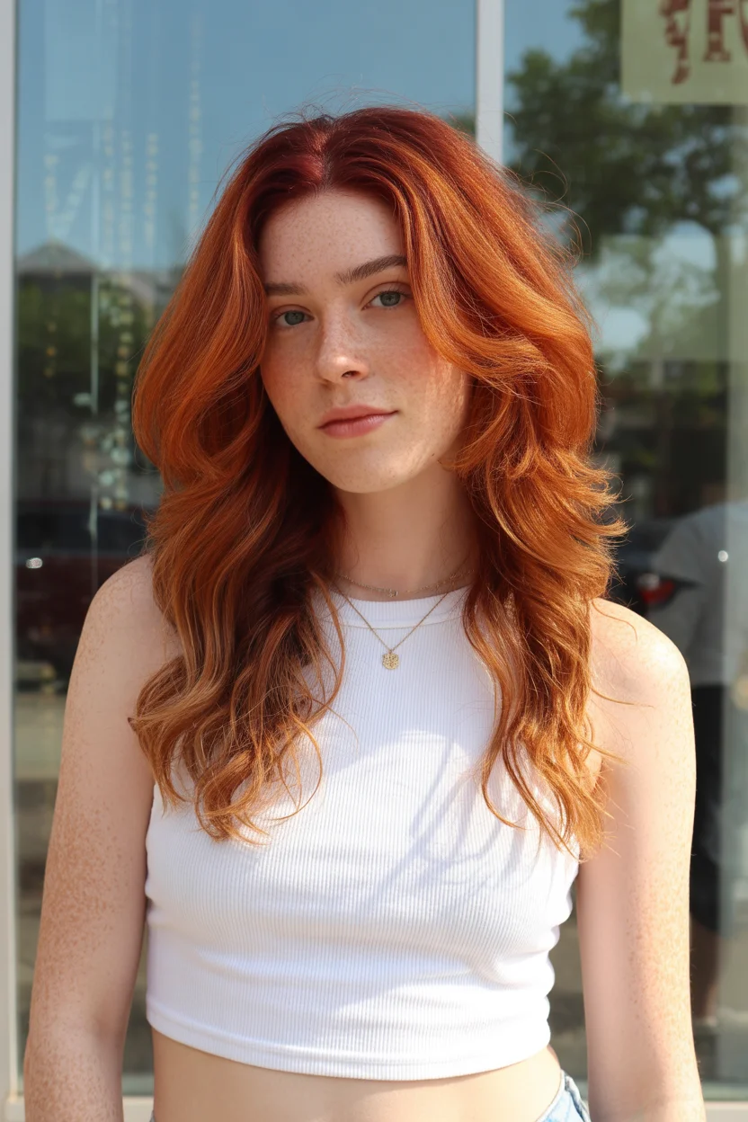 copper summer red hair color 2026 Sunlit Copper Waves with a Natural Freckled Glow