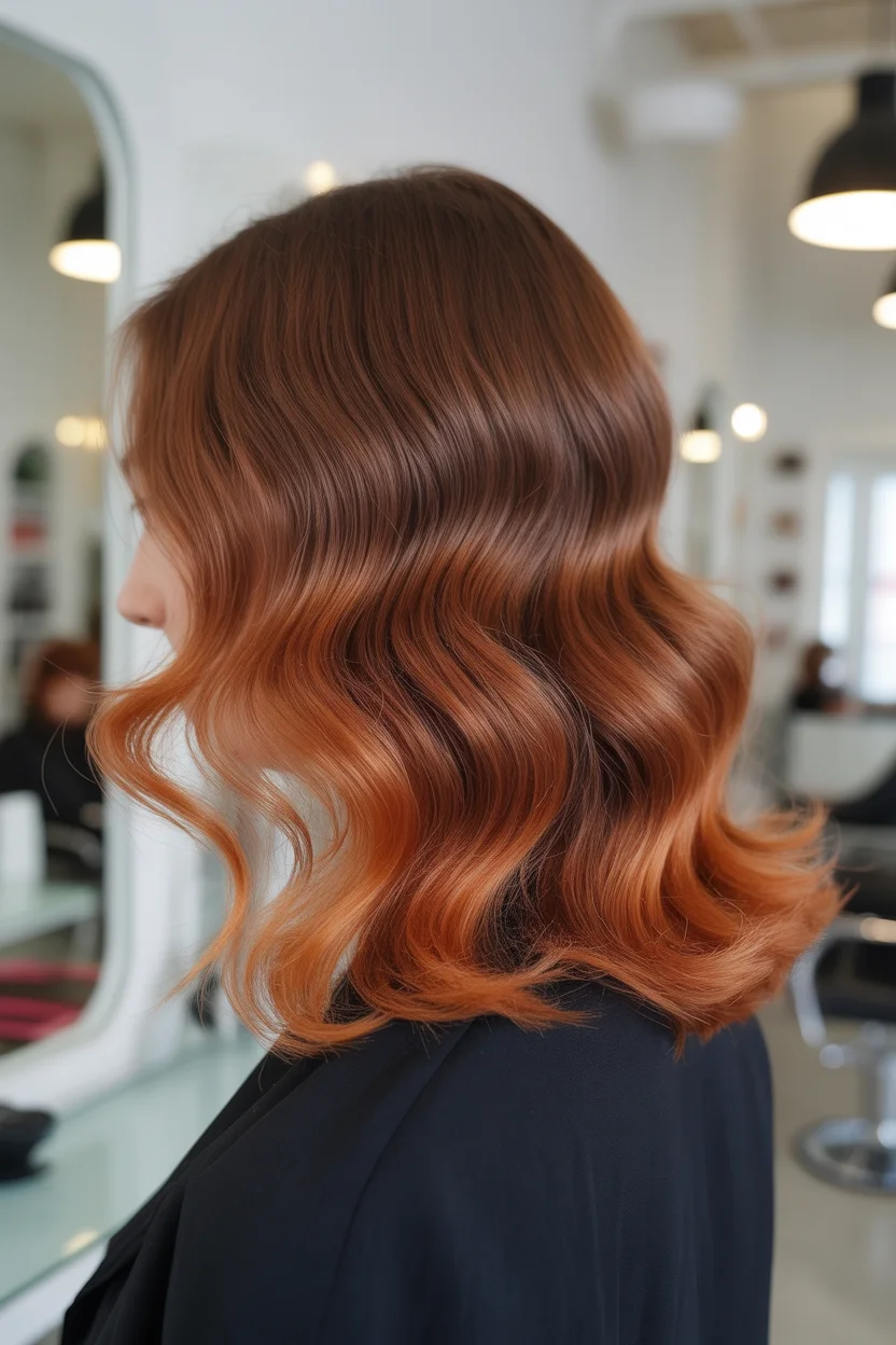 copper summer red hair color 2026 Glossy Copper Melt with Sculpted Waves