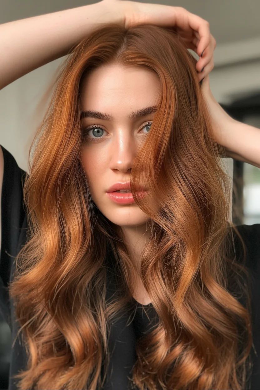 copper summer red hair color 2026 Velvety Deep Copper Waves with a Lived-In Center Part