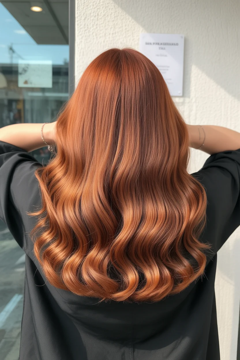 copper summer red hair color 2026 High-Gloss Copper Length with Defined Summer Waves