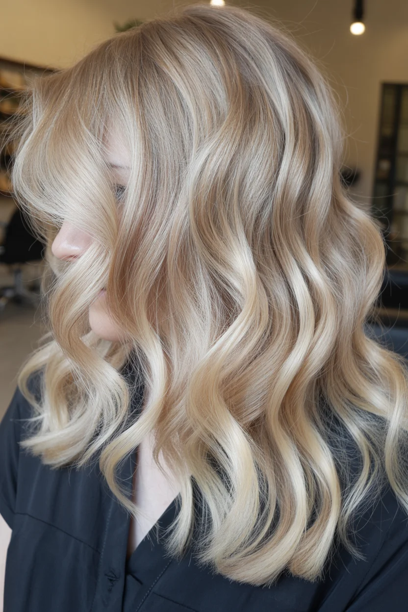 creamy summer blonde hair color 2026 Velvety Cream Blonde Waves With Feathered Lightness
