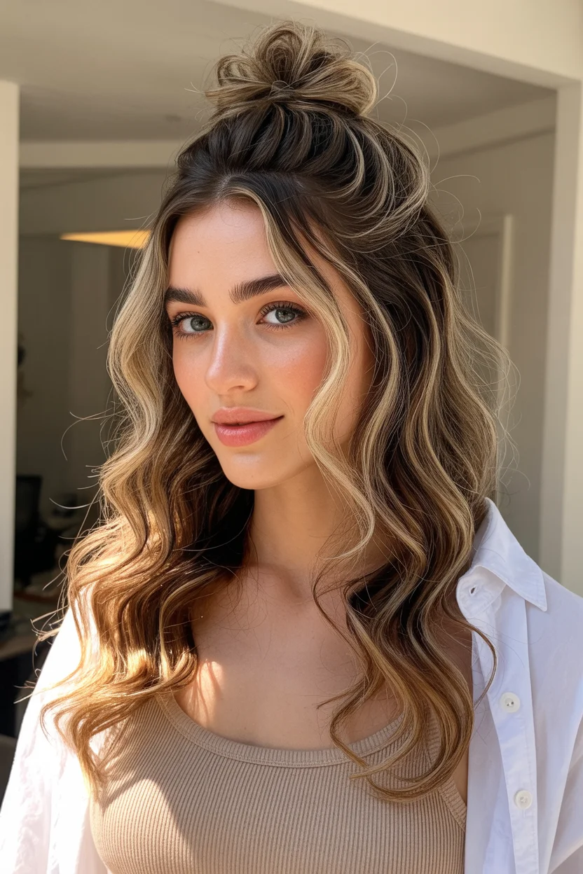 easy summer hairstyles ideas 2026 Half-Up Top Knot With Face-Framing Balayage Waves