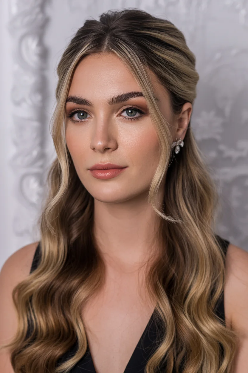 easy summer hairstyles ideas 2026 Elegant Half-Up Waves With Soft Blonde Contouring