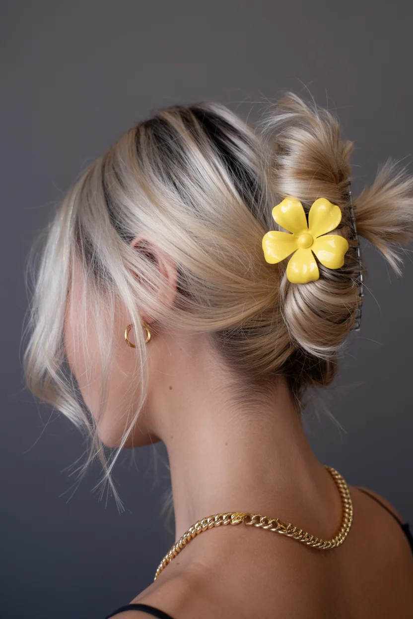 easy summer hairstyles ideas 2026 Minimalist Claw Clip Bun With Retro Flower Accent