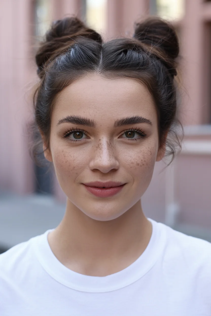 easy summer hairstyles ideas 2026 Minimal Double Buns With Soft Clean-Girl Texture