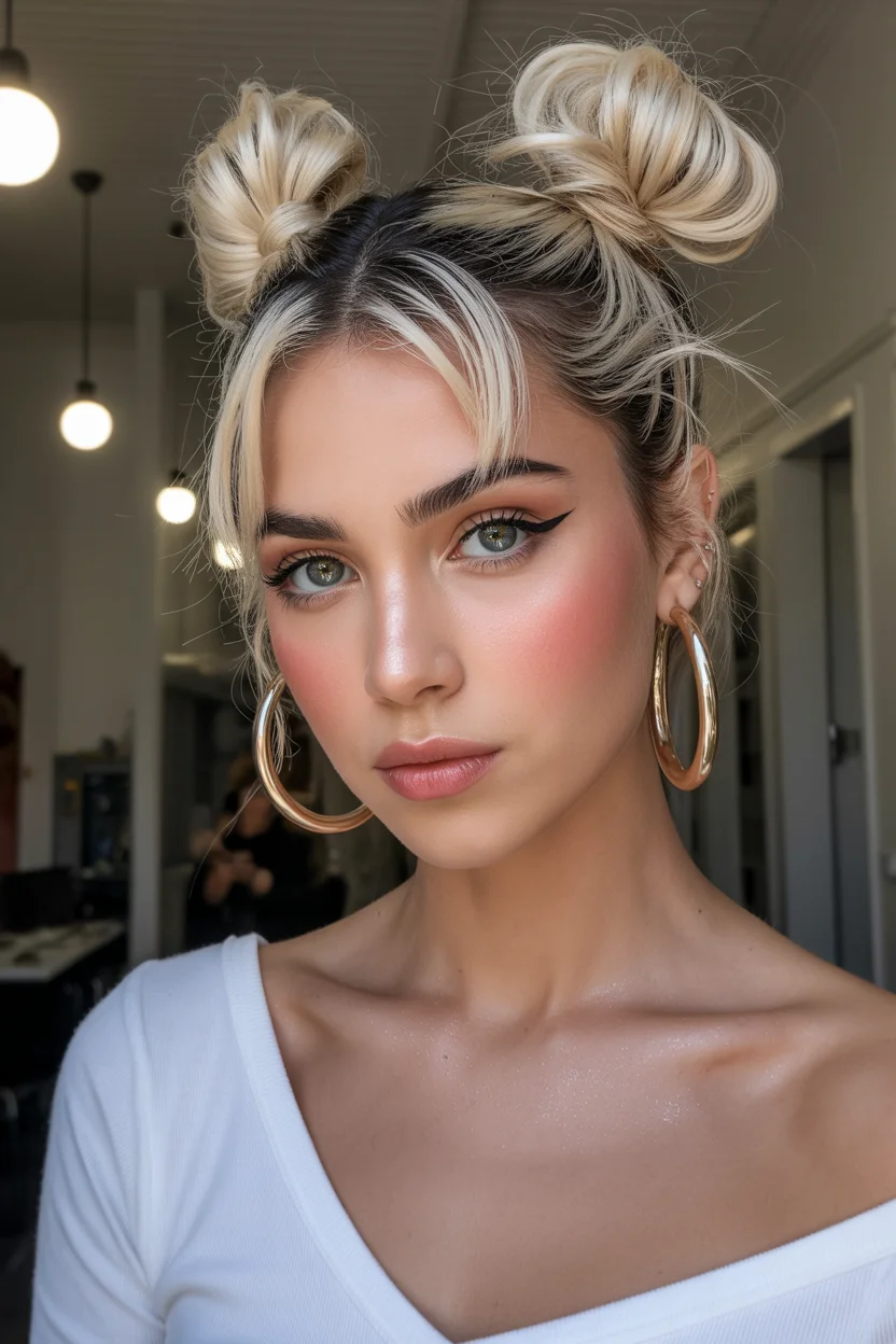 easy summer hairstyles ideas 2026 Playful Space Buns With Face-Framing Blonde Pieces