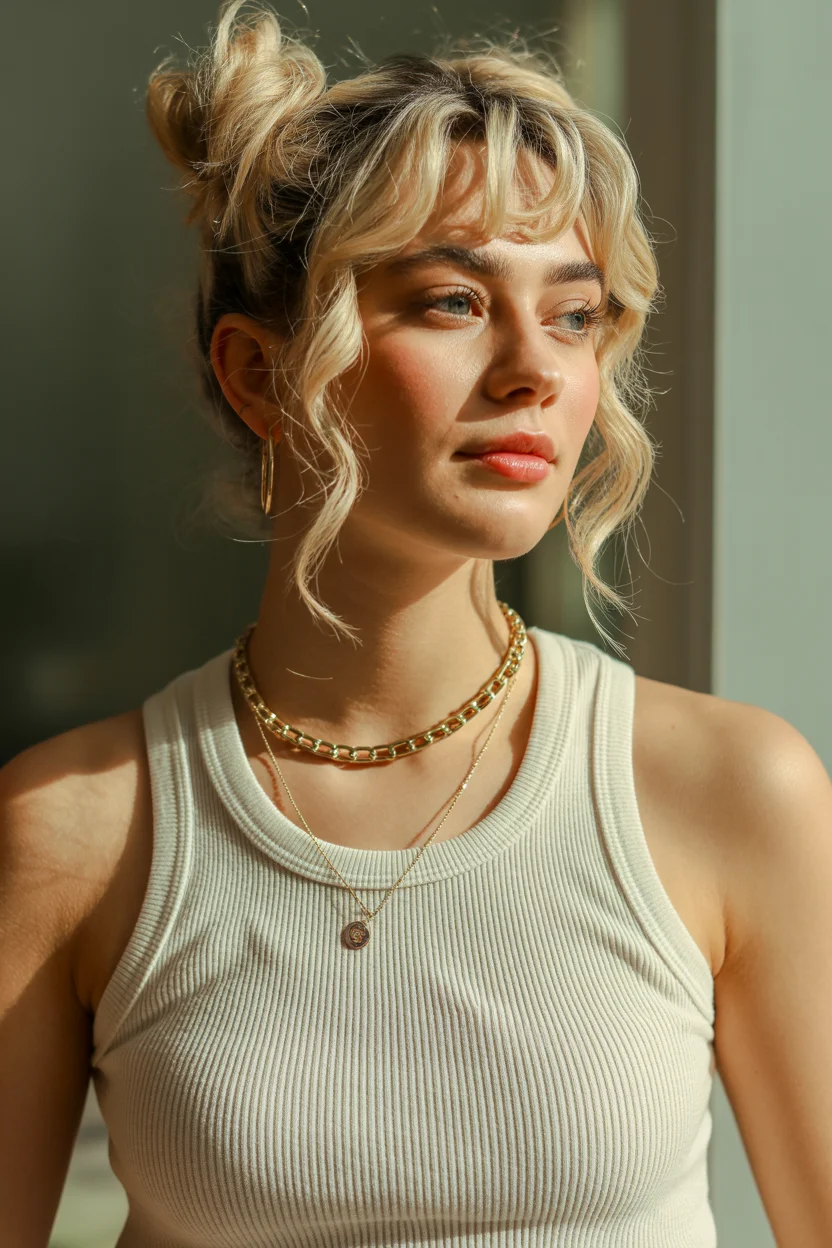 easy summer quick hairstyles 2026 Messy Blonde Bun With Wispy Curtain Bangs