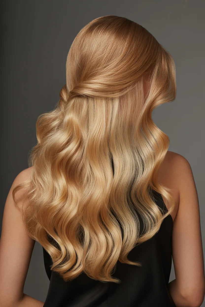 easy summer quick hairstyles 2026 Soft Golden Waves With Hidden Half-Up Styling