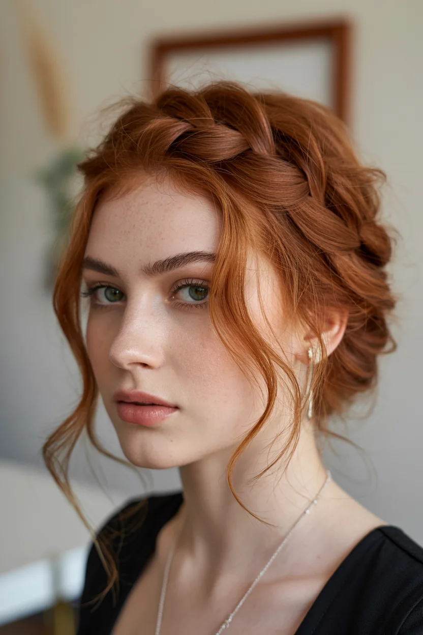 easy summer quick hairstyles 2026 Relaxed Copper Updo With Loose Romantic Pieces