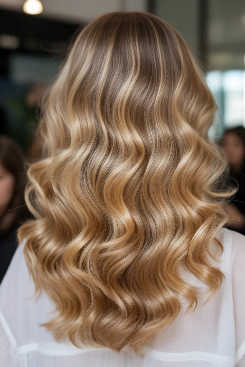 golden summer honey blonde hair color 2026 Glossy Honey Waves with Seamless Depth