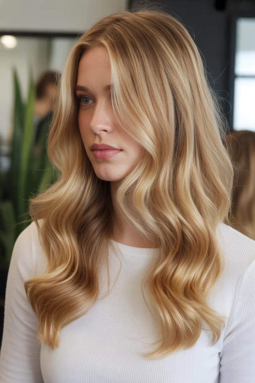 golden summer honey blonde hair color 2026 Silky Honey Blonde with Light-Catching Waves