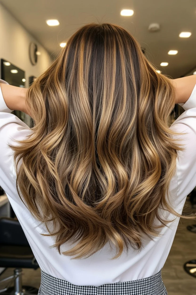 golden summer honey brown hair color 2026 Dimensional Honey Balayage with Soft Waves