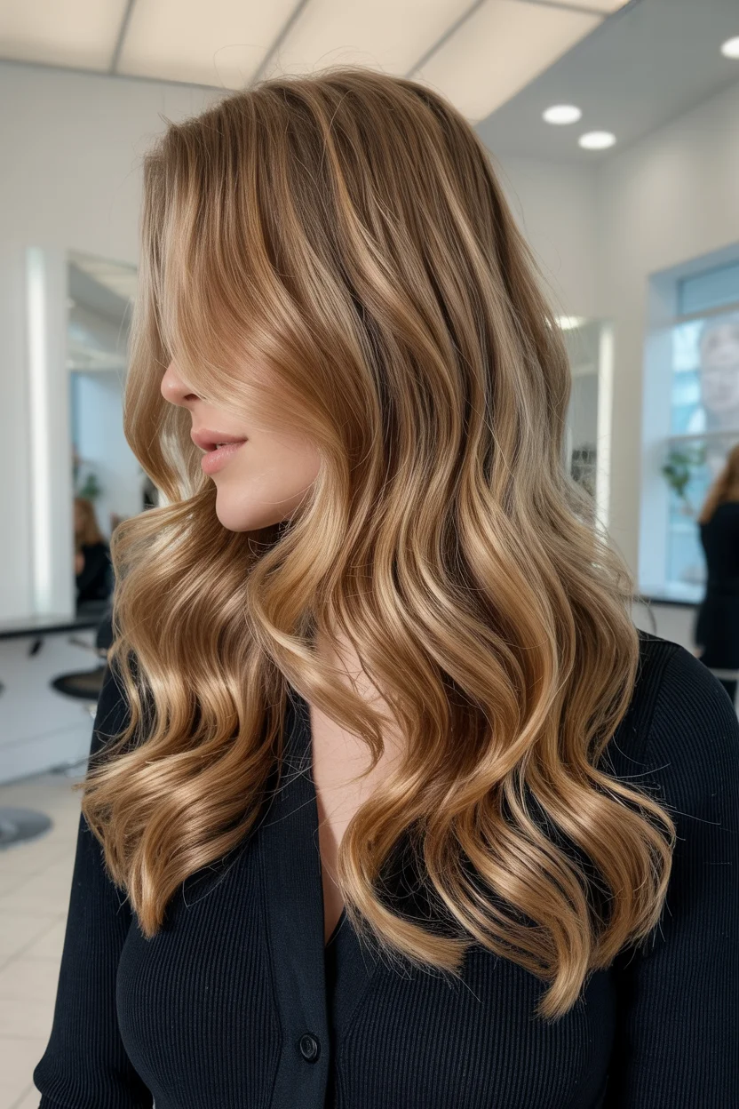 golden summer honey brown hair color 2026 Golden Honey Waves with Soft Face Movement