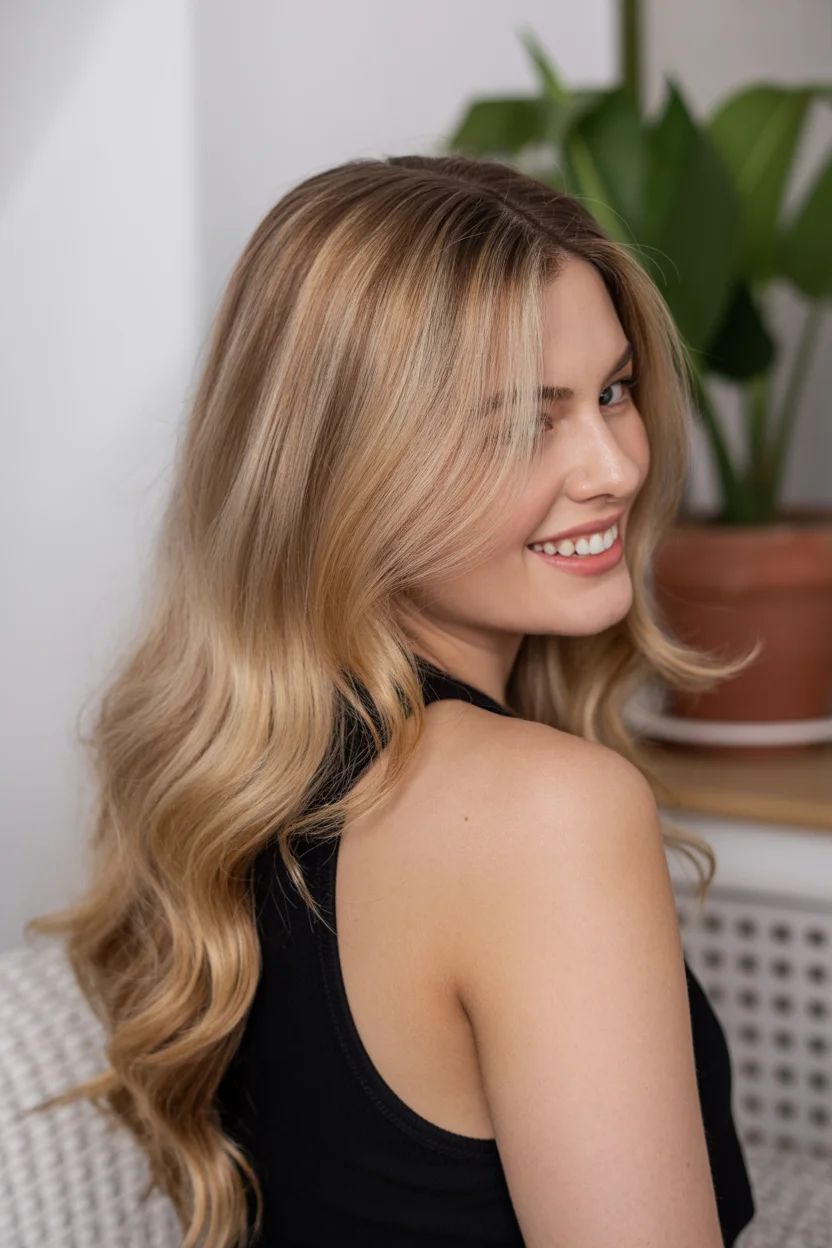 golden summer honey brown hair color 2026 Sunlit Honey Blonde with Barely-There Root