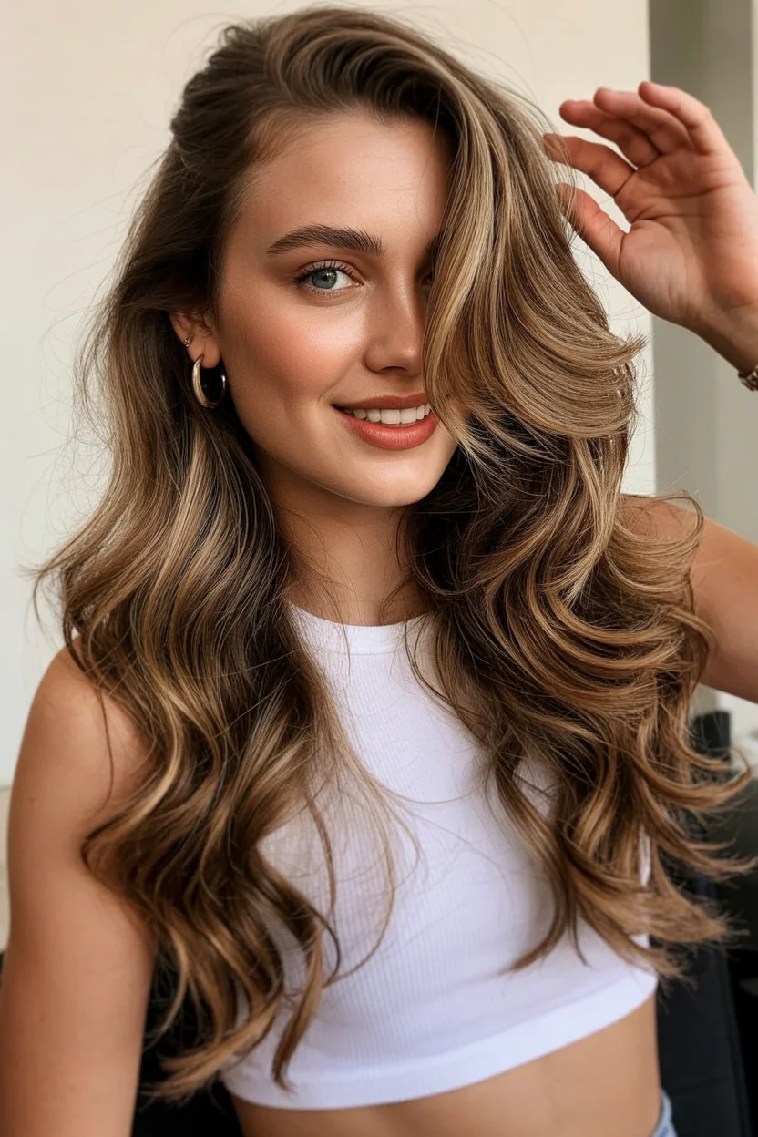 golden summer honey brown hair color 2026 Glossy Honey Brunette with Effortless Volume