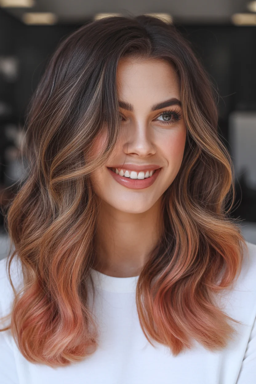 gorgeous summer hair color ideas 2026 Peachy Rose Melt for That Late Summer Glow