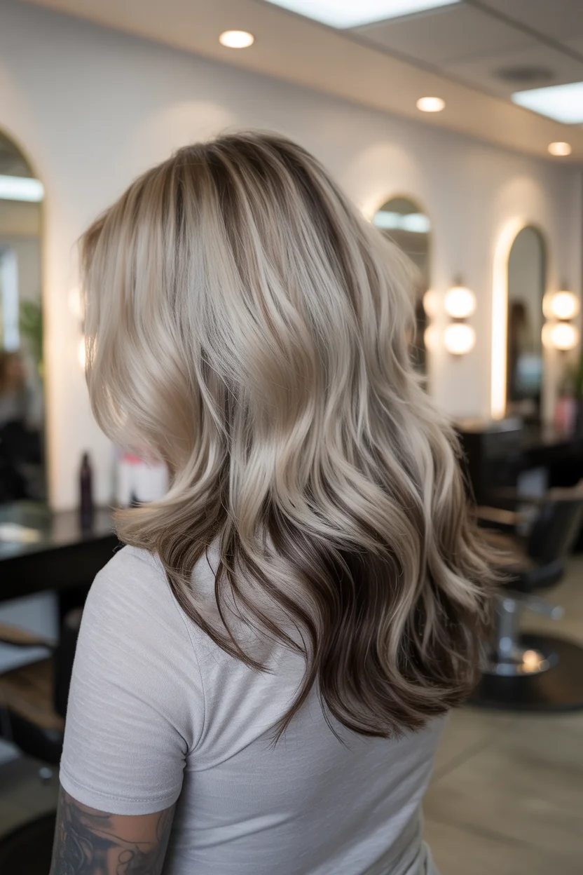 icy summer ash blonde hair color 2026 Long Ash Blonde Layers with Smoky Depth