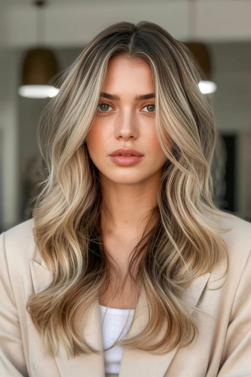 icy summer ash blonde hair color 2026 Polished Ash Blonde Waves with Soft Contour Highlights