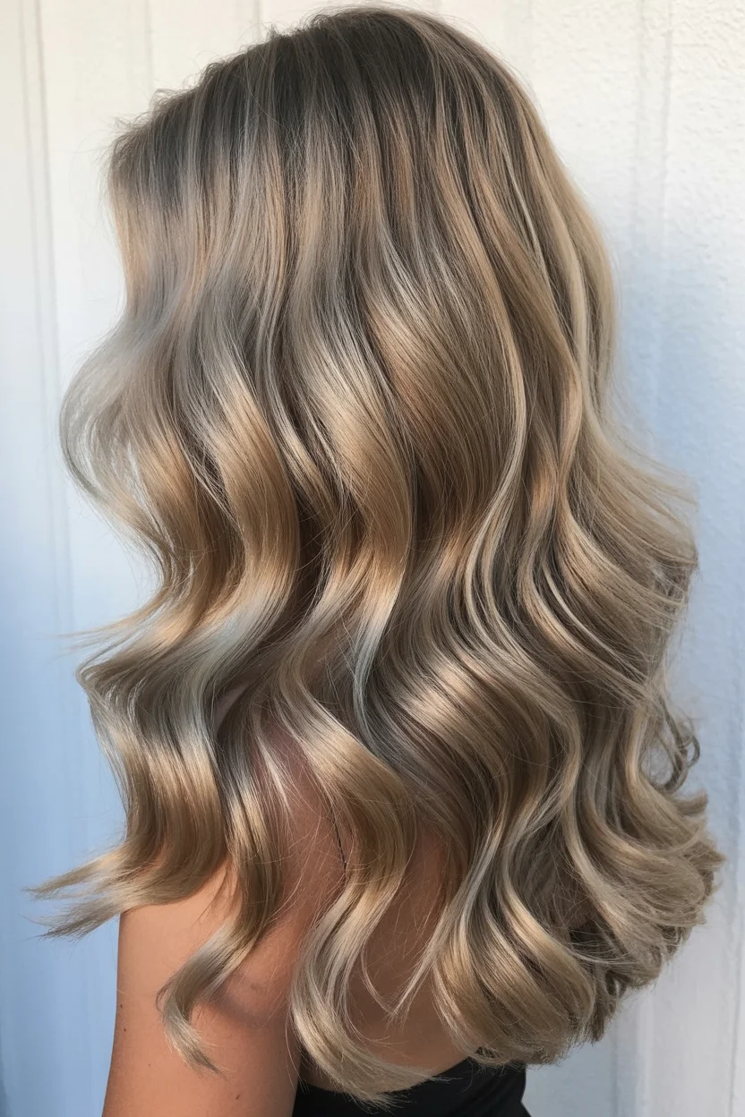 icy summer ash blonde hair color 2026 Muted Ash Blonde Waves with Soft Golden Undertones