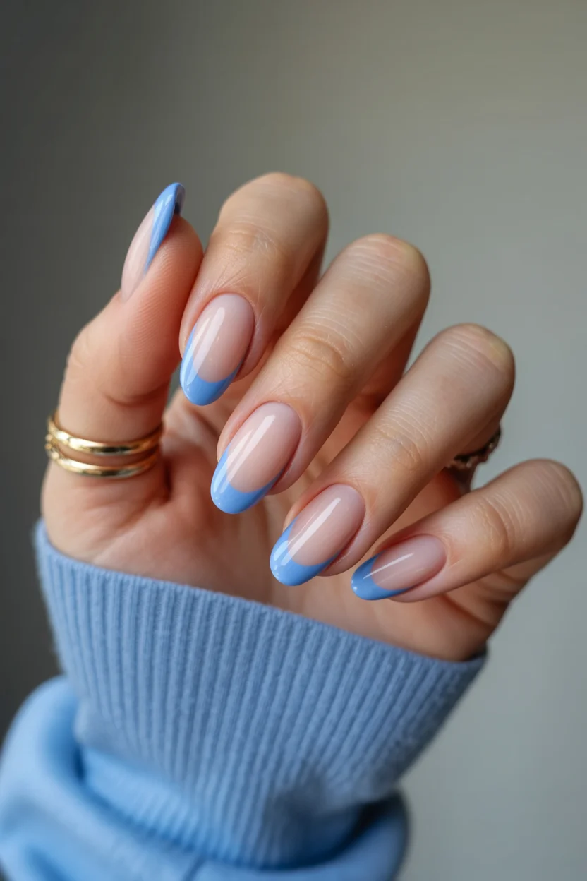 june nails ideas 2026 Baby Blue French Tips Feel Like a June Sky at Golden Hour