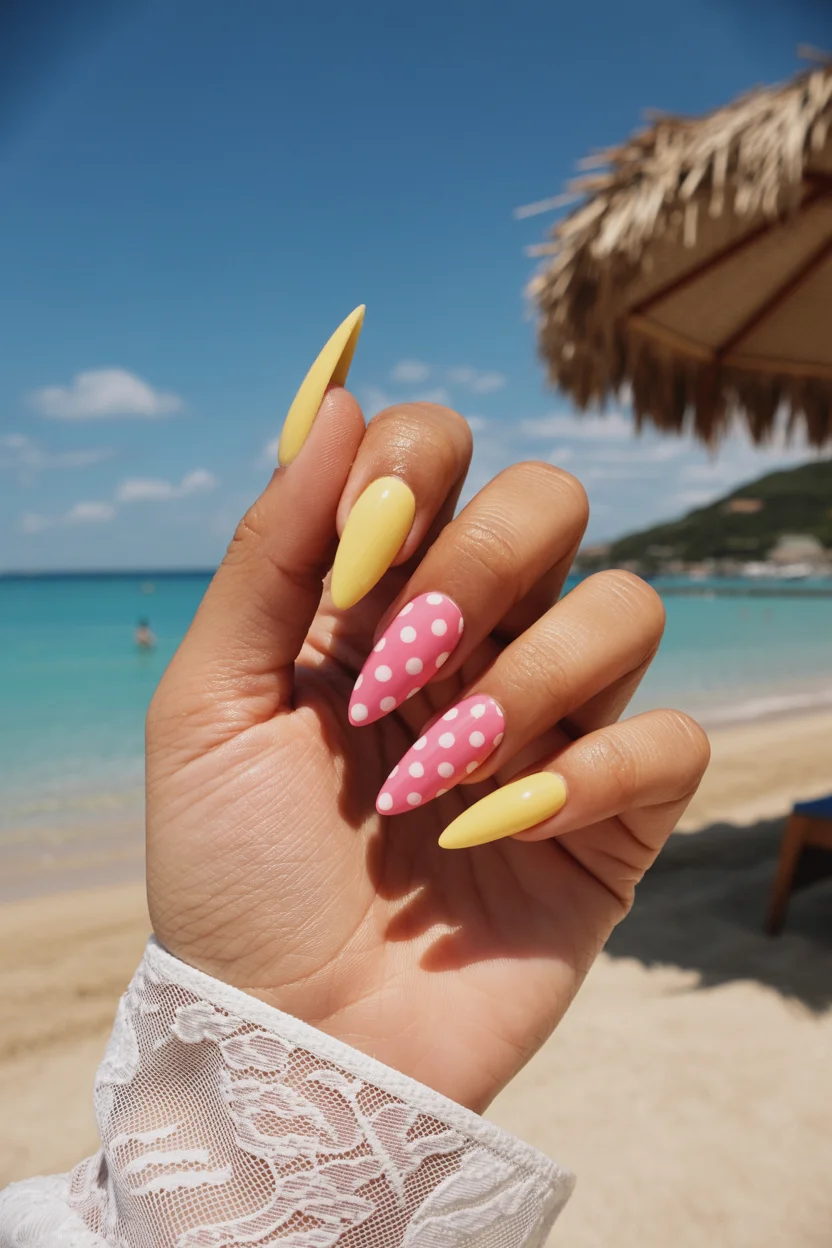 june nails ideas 2026 Pink Polka Dot Nails Feel Like a Vintage Beach Vacation
