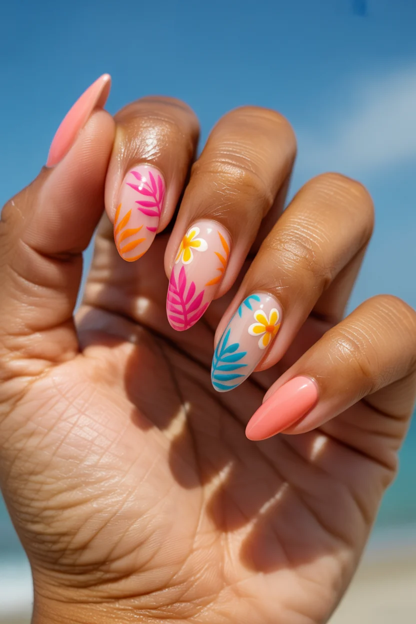 june nails ideas 2026 Tropical Floral Nails Are Bringing Vacation Energy Everywhere