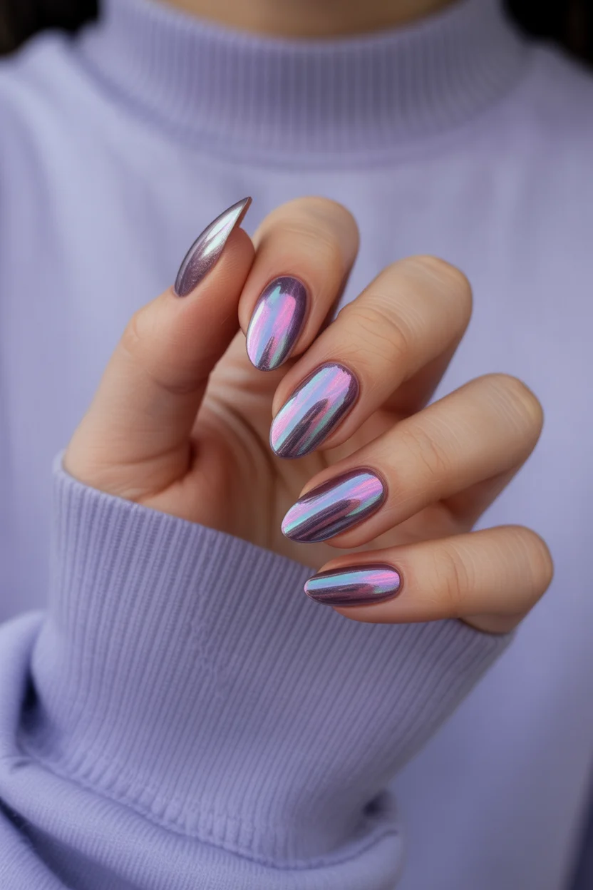 june nails ideas 2026 Lavender Chrome Nails Are Giving Futuristic Mermaid Energy