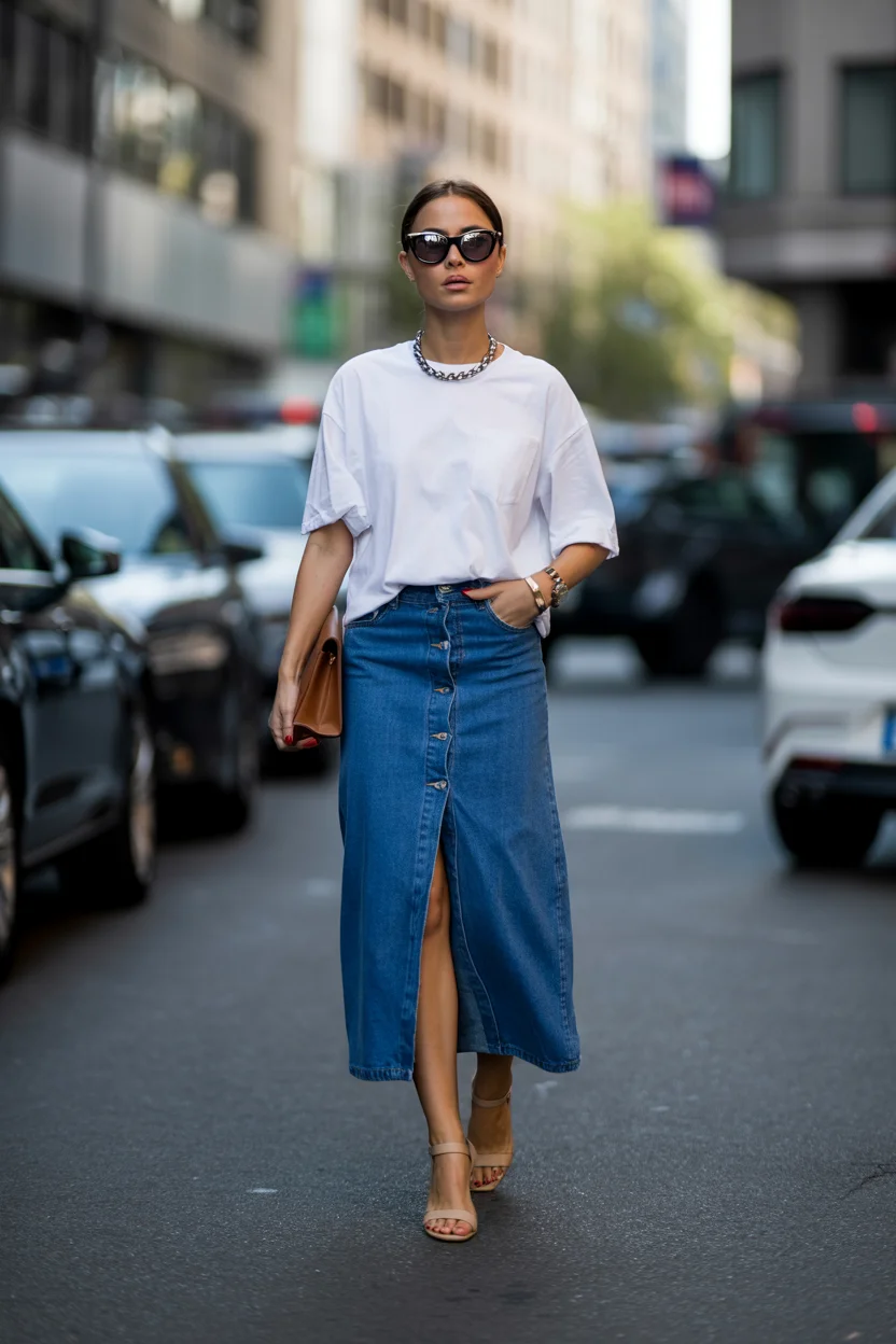 june outfits ideas 2026 Minimal White Tees Styled With Denim Midi Skirts