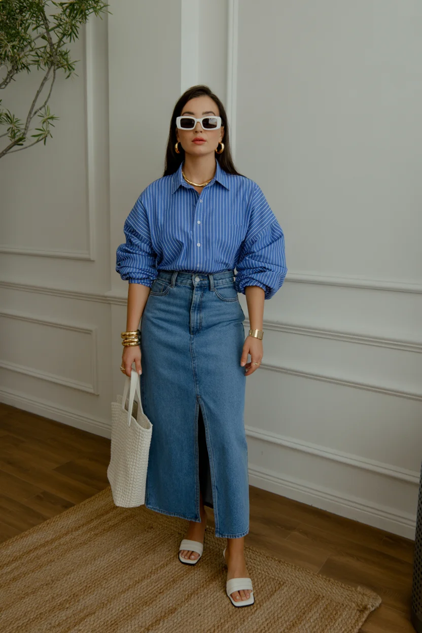 june outfits ideas 2026 Blue Striped Shirts And Denim Skirts Are Having A Major Moment