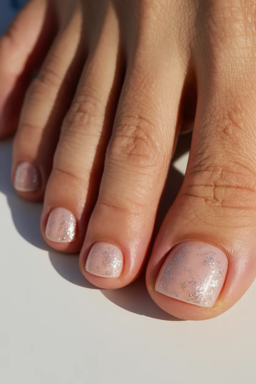 june toe nail colours - Milky Nude Glitter Nails Keep Summer Pedicures Looking Effortless
