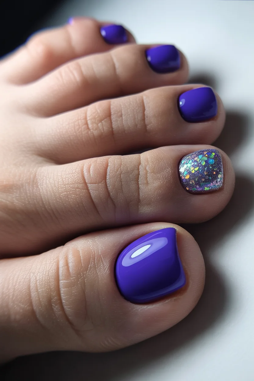 june toe nail colours - Deep Violet Glitter Nails Add Drama to Summer Evenings