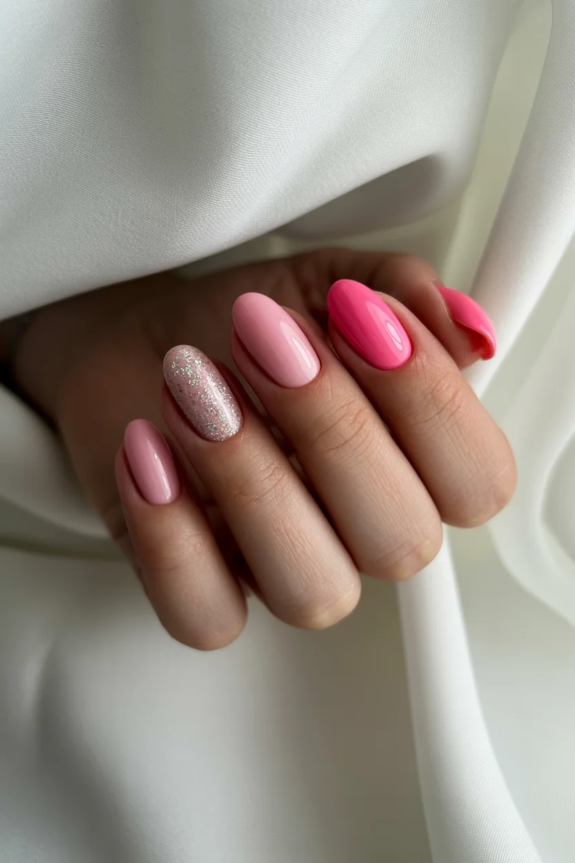 light summer nails 2026 Glossy Pink Nails With Soft Sparkle Accents