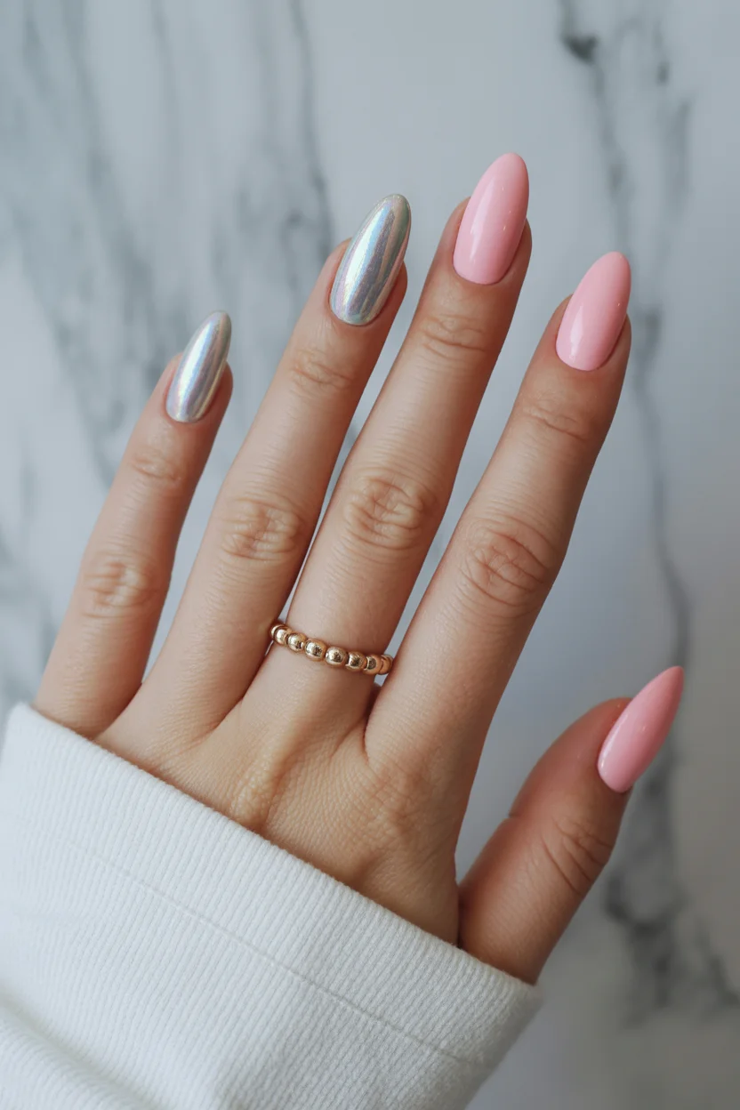 light summer nails 2026 Soft Pink and Silver Chrome Nails With Quiet Luxury Energy