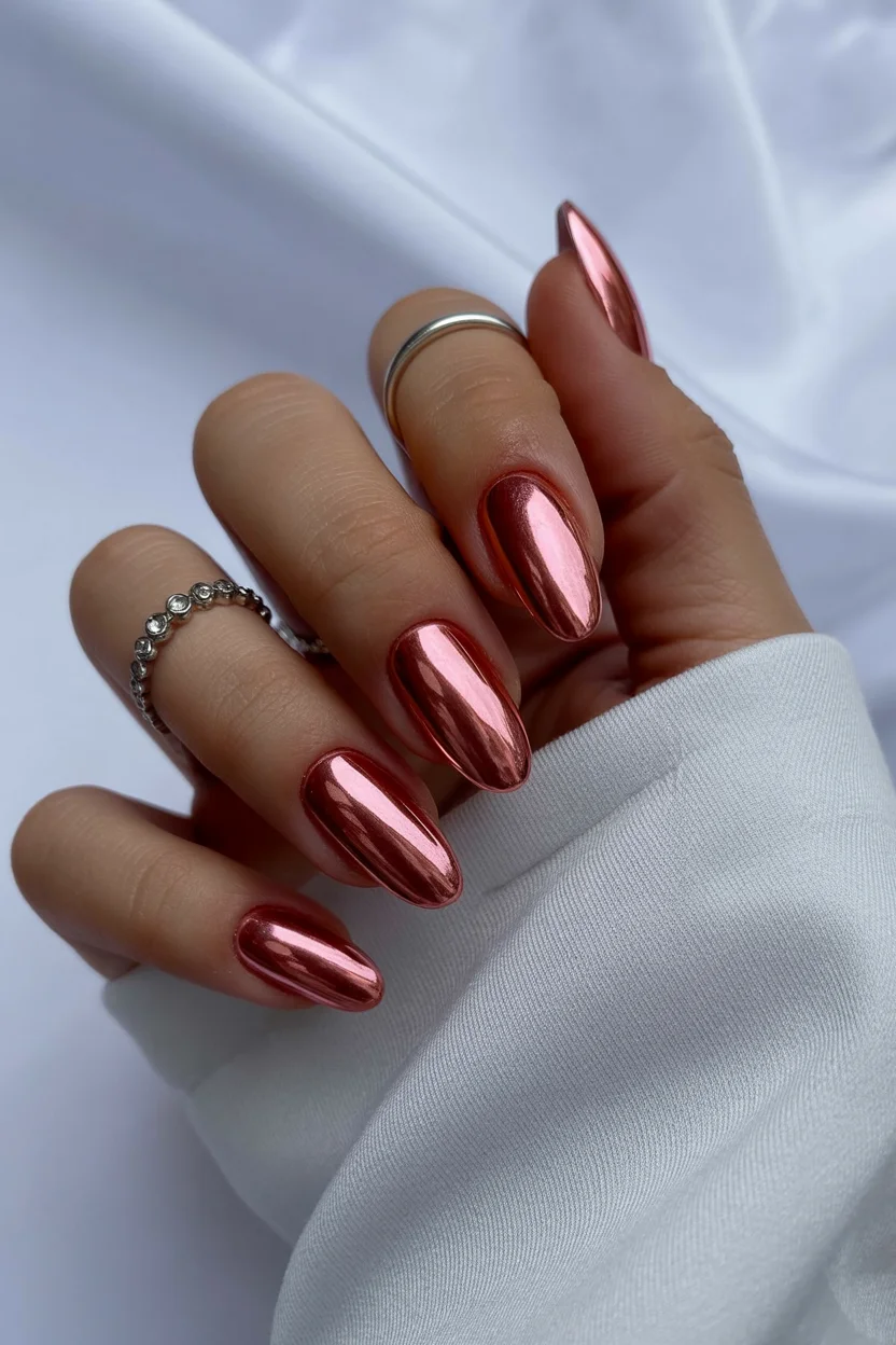light summer nails 2026 Rose Gold Mirror Nails With a Soft Luxury Feel