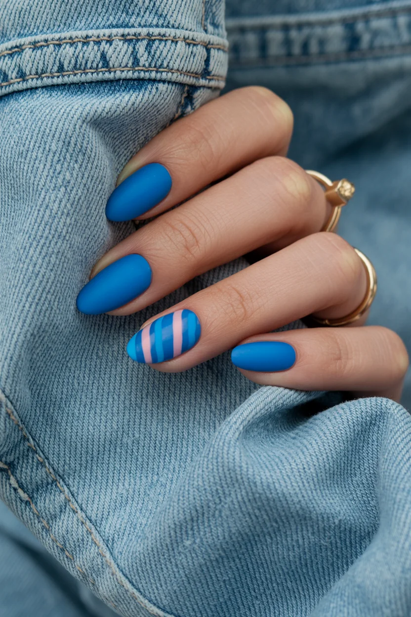 light summer nails 2026 Ocean Blue Matte Nails With a Playful Retro Twist