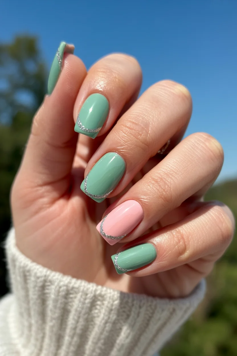 light summer nails 2026 Mint and Blush Nails With Delicate Silver Detailing