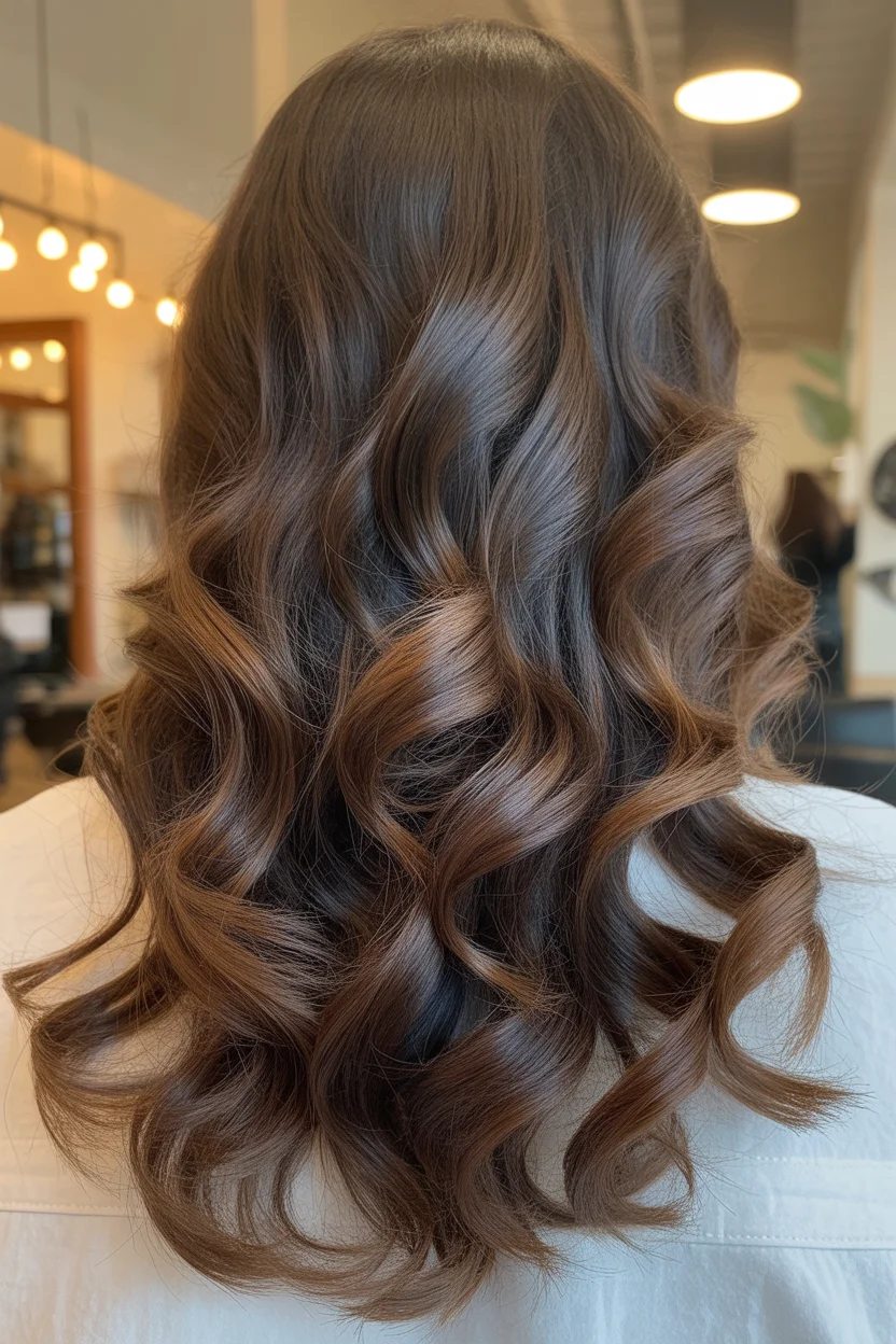 low maintenance summer hair color for brunettes 2026 Glossy Mocha Waves with Subtle Cinnamon Reflection