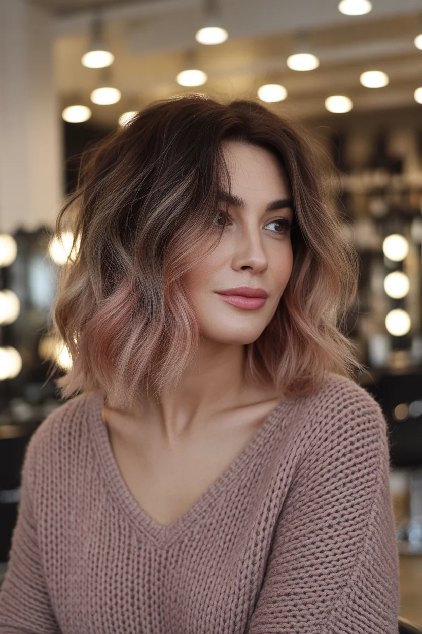 low maintenance summer hair color for brunettes 2026 Soft Rosewood Melt on a Textured Lob