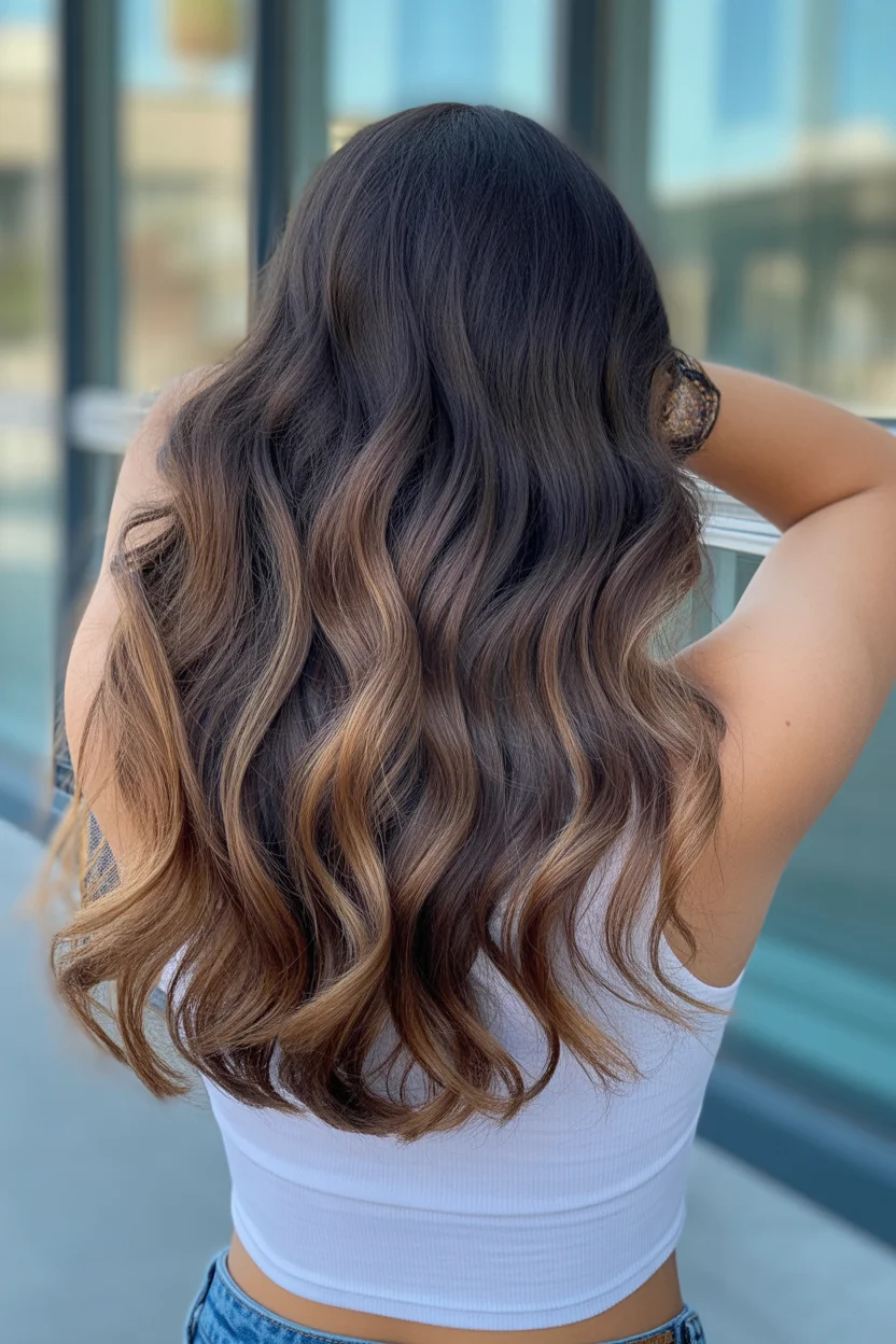 low maintenance summer hair color for brunettes 2026 Sunlit Brunette Waves with Seamless Balayage Flow
