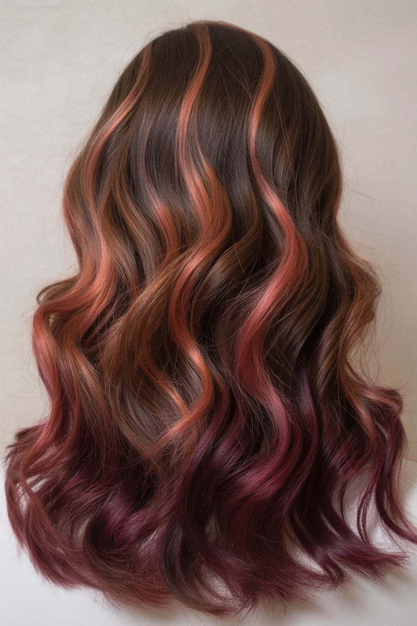 low maintenance summer hair color for brunettes 2026 Cherry Cola Brunette with Playful Ribbon Highlights