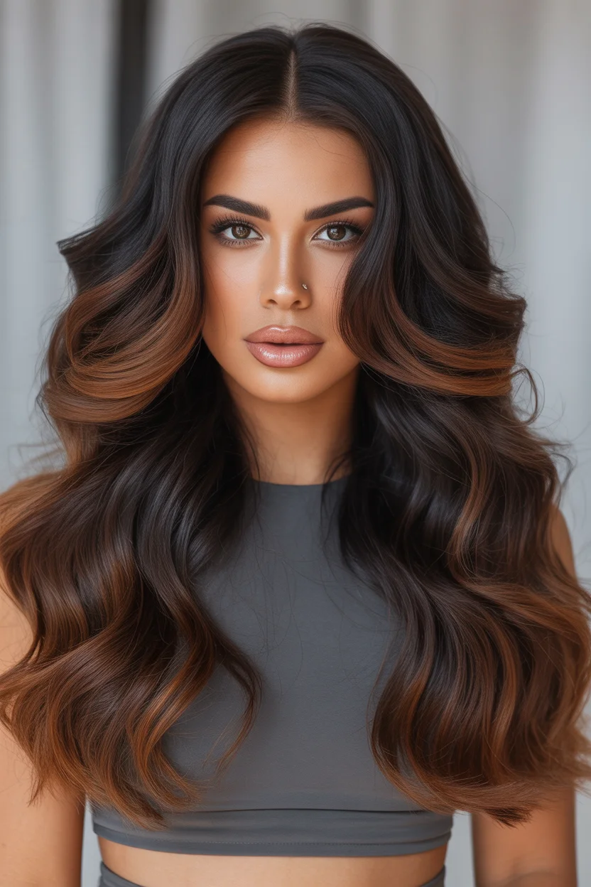 low maintenance summer hair color for brunettes 2026 Deep Espresso Glam with Sculpted Copper Dimension