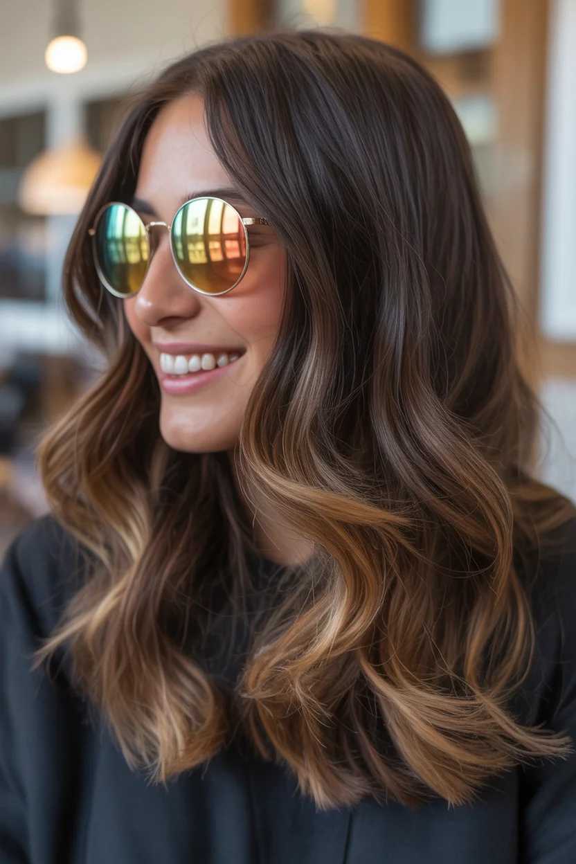 low maintenance summer hair color for brunettes 2026 Soft Beach Brunette with Golden Frame Pieces