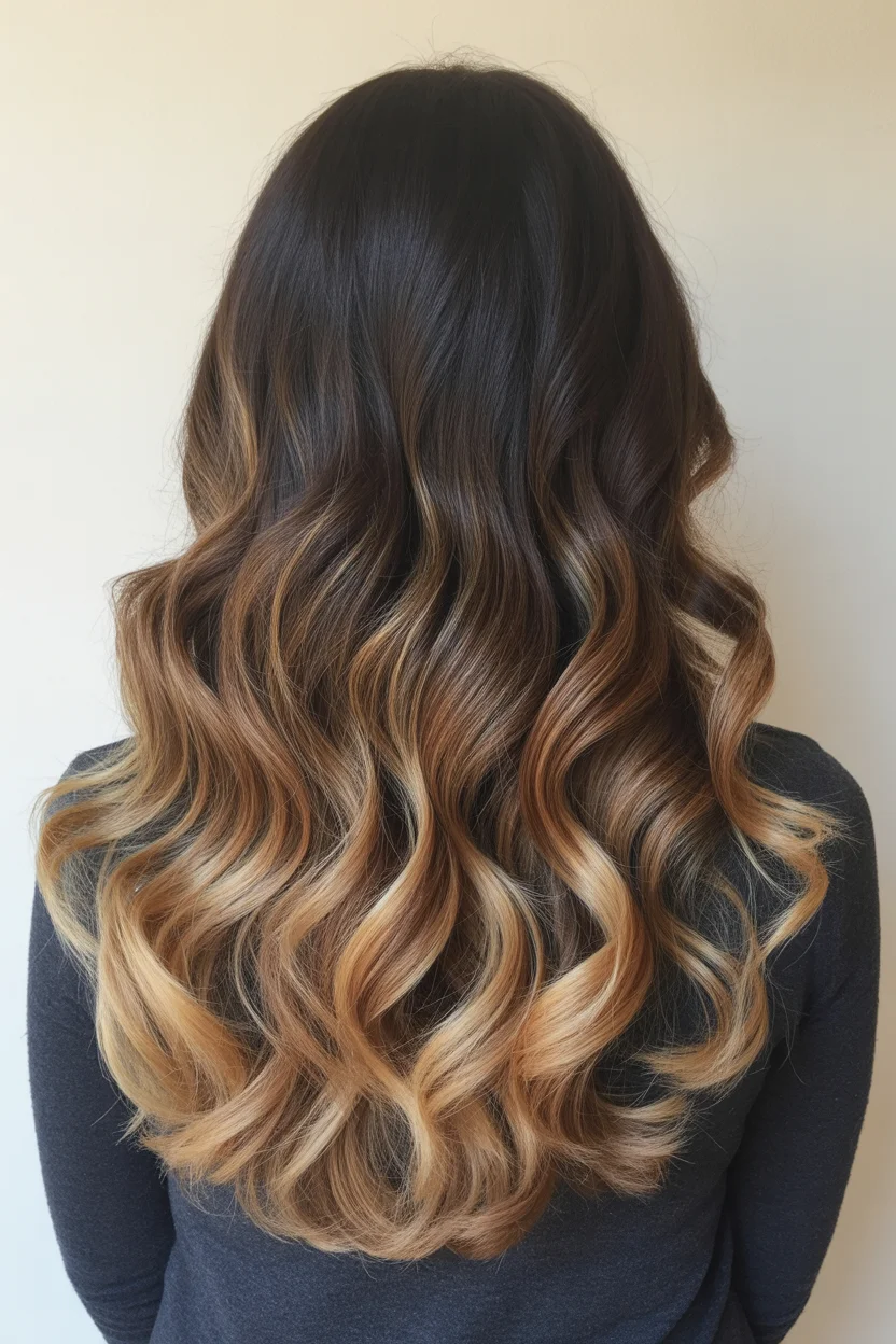 low maintenance summer hair color for brunettes 2026 Classic Brunette to Blonde Melt with Soft Defined Waves