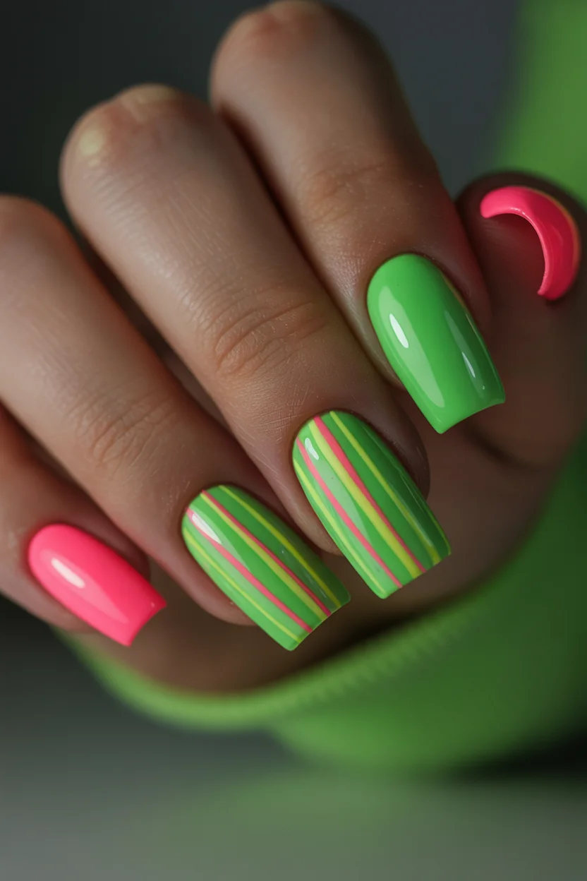neon summer nails 2026 Graphic Neon Stripe Nails That Bring Back Retro Sporty Glam