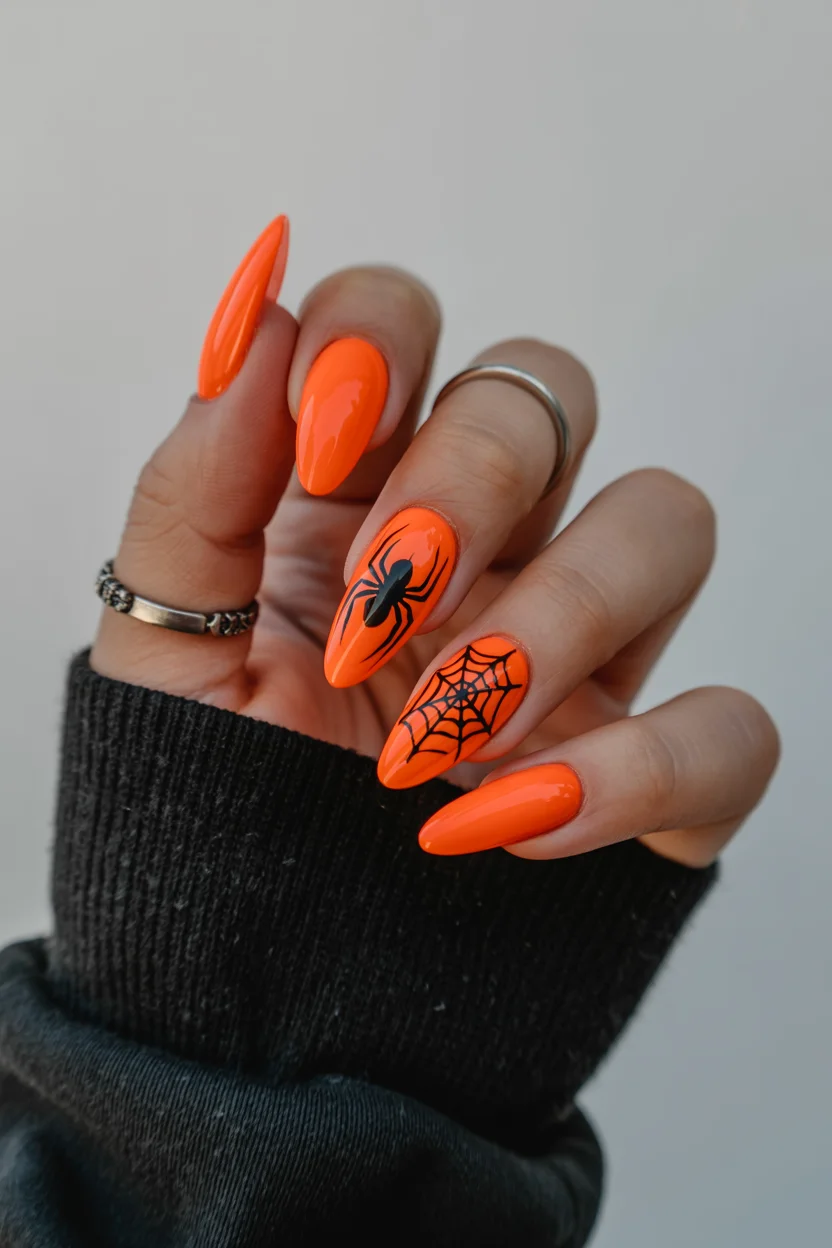 neon summer nails 2026 Neon Orange Nails With Graphic Black Details That Feel Unexpectedly Cool